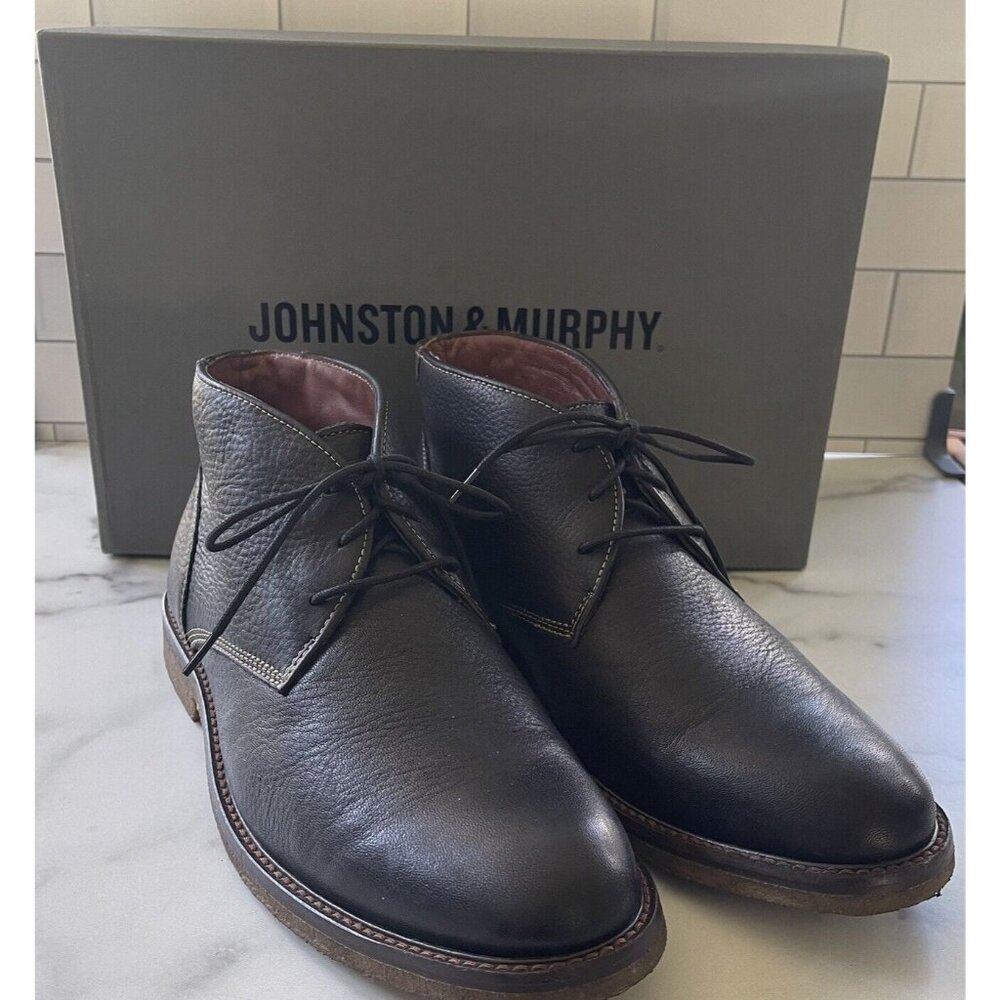 JOHNSTON & MURPHY Copeland Black 9M Men's Leather Crepe-Sole Chukka Boots